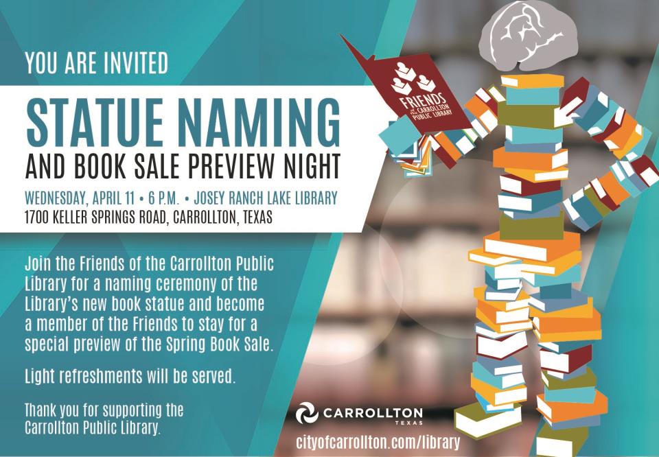 Statue Naming and Book Sale Preview Night April 11 6PM