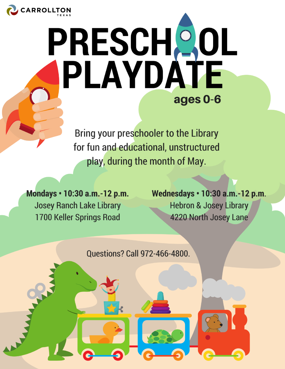 Preschool Playdate May 2018 Monday 10:30 am at Josey Ranch Lake Wednesdays 10:30 am at Hebron and Josey