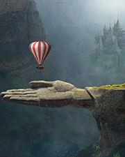 balloon landing giant rock hand