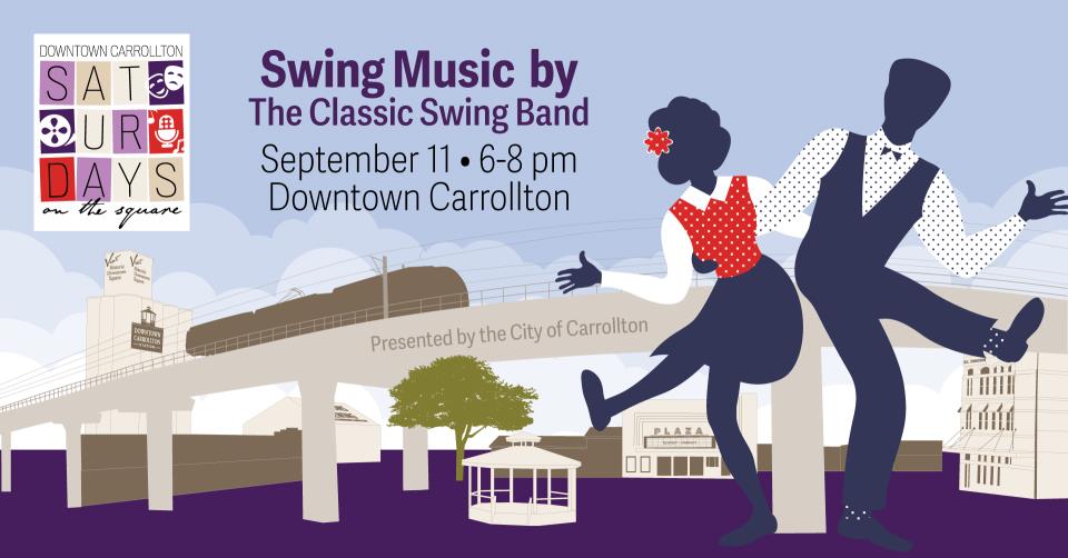 Graphic of two swing dancers in front of Downtown gazebo and DART rail