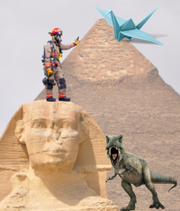 pyramid, sphinx, dinosaur, firefighter, and origami crane