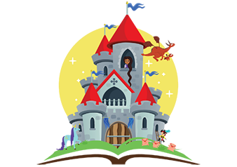 fairy tale castle with dragon flying by and Rapunzel